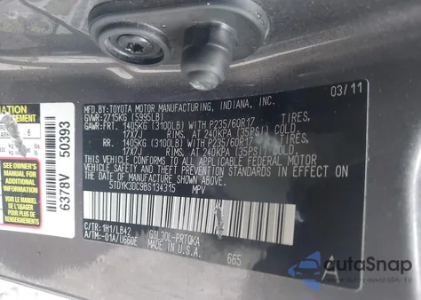 2011 Toyota Sienna Xle V6 из США, поврежденный, VIN 5TDYK3DC9BS134315